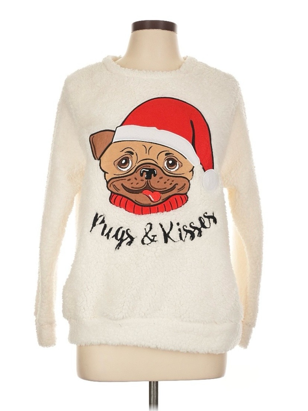 Kristen Nicole Pugs and Kisses Santa Hat Faux Fur Sweater Size Large NWT